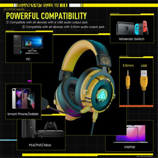 EKSA E900 Pro Gaming Headset Noice Cancelling  7.1 Stereoscopic Surround Sound Yellow